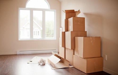 Packed office equipment ready for relocation